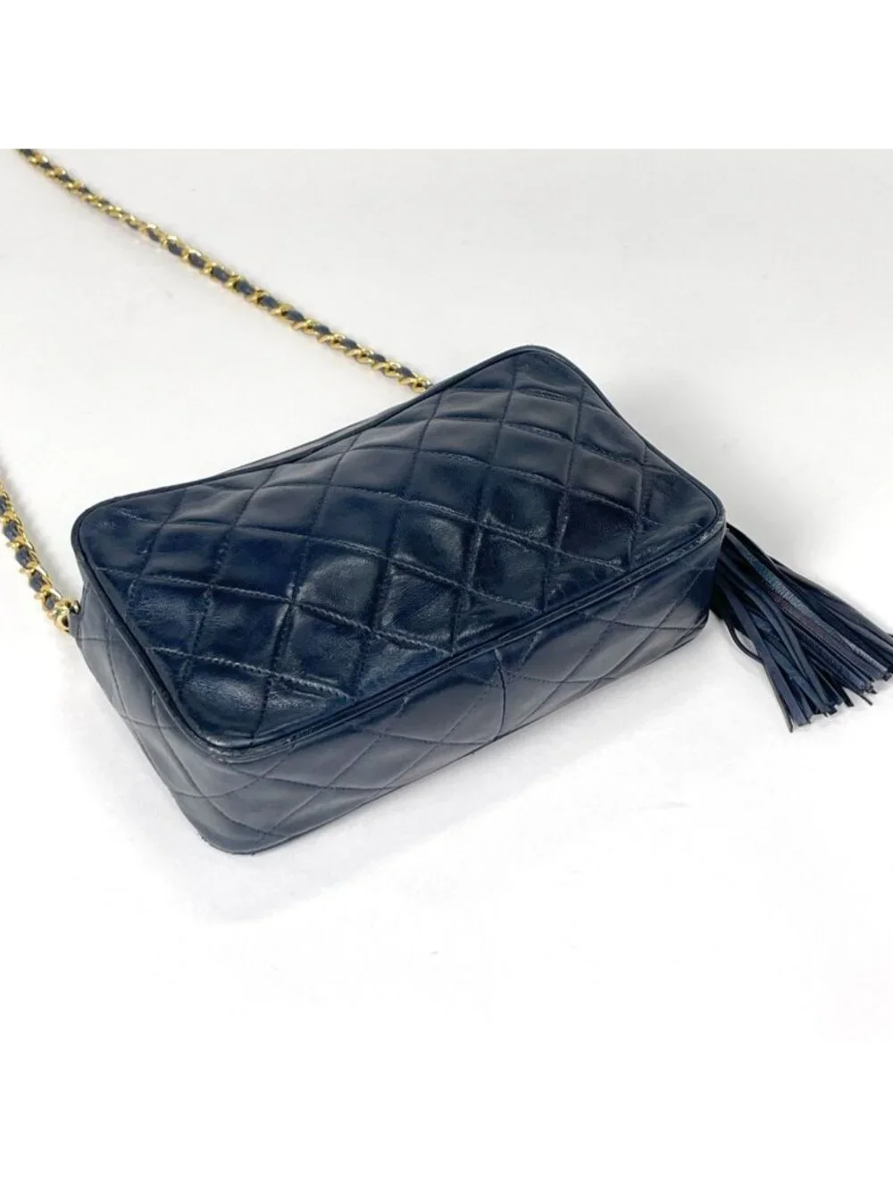 Chanel Shoulder Bag CC Logo Fringe Leather Navy